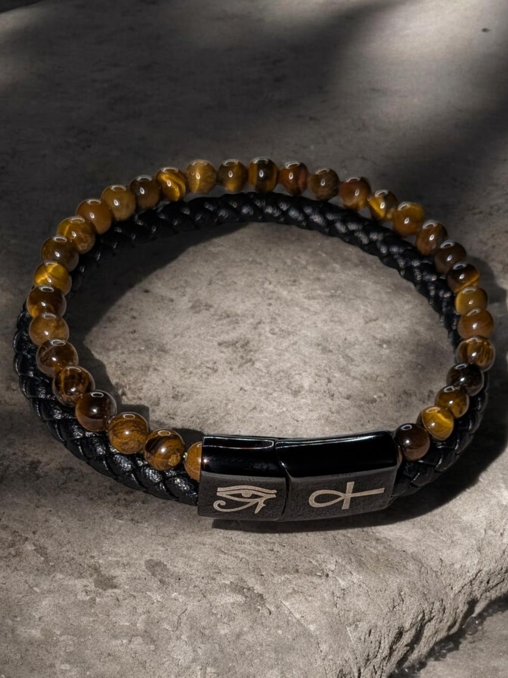 Men/Women Black Braided Leather & Brown Tiger Eye Bead Bracelet